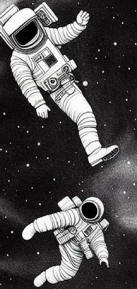 This phone wallpaper features a mesmerizing ink drawing of two astronauts floating in space full of intricate details