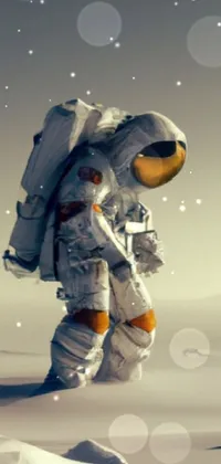 This phone live wallpaper features a stunning scene of an astronaut walking in his suit across a desolate desert
