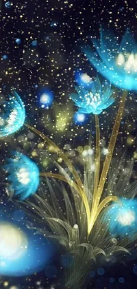 This phone live wallpaper features blue flowers on top of a field with glowing spores flying around