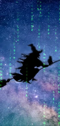 This live phone wallpaper depicts a witch silhouette flying on a broomstick through a star-filled night sky