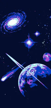 This space-themed phone live wallpaper features a cosmic scene with planets and stars rendered in pixel art style