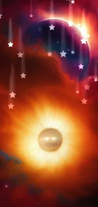 This phone live wallpaper features an awe-inspiring close-up of an object in the sky with two suns, a blazing reddish light illuminating the interstellar stormy bright sky