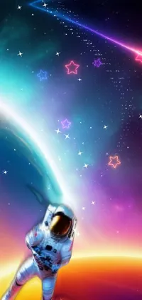 Introducing an awe-inspiring space-themed live wallpaper for your phone! This wallpaper features an astronaut standing on a mysterious planet's surface with stars and galaxies in the background, creating an otherworldly atmosphere