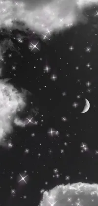 This live wallpaper showcases a mesmerizing image of the moon and clouds in black and white, surrounded by a universe filled with stars and galaxies