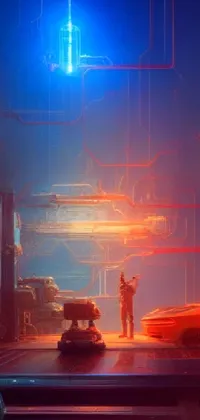 This phone live wallpaper features a stunning cyberpunk art piece of a man and car in red and blue neon