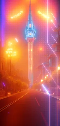 This phone live wallpaper features a mesmerizing view of a city street at night that includes a clock tower in the distance, showcasing stunning conceptual art and a Space Needle inspired aesthetic