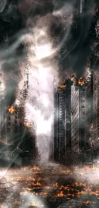 This live phone wallpaper portrays a digitally enhanced city landscape, complete with towering skyscrapers and destruction