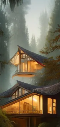 Looking for a stunning live wallpaper for your phone? Check out this mesmerizing forest scene! With a beautiful house, twisting trees, foggy twilight lighting, and a serene onsen, this wallpaper is breathtakingly beautiful