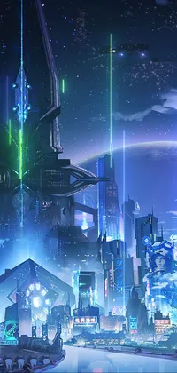This phone live wallpaper showcases a mesmerizing depiction of a futuristic city at night, inspired by the elements of afrofuturism, sci-fi and fantasy