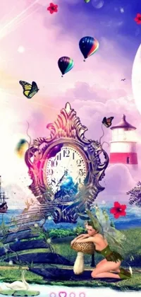 This stunning live wallpaper features a clock situated atop a bright green field standing against a dreamy, surreal environment