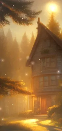 This phone live wallpaper features a stunning painting of a house tucked away in the serene forest