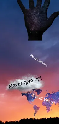This captivating phone live wallpaper features a hand holding a "never give up" sign in bold font, against a vibrant universe-themed background