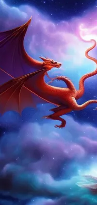 This live wallpaper features a magnificent dragon flying through the sky amidst a beautiful fantasy background