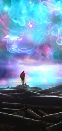 This live wallpaper features a mystifying concept art of a solitary figure standing atop a rock formation under a sky illuminated by vibrant stars and colorful nebulae