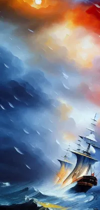 This is a stunning phone live wallpaper featuring a digital painting of a ship in a stormy sea