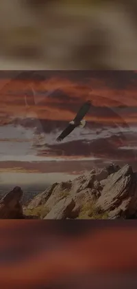 This phone live wallpaper features a digital art of a bird flying over rocky terrain