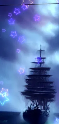 This live phone wallpaper features a massive pirate ship sailing on a dark blue misty sea