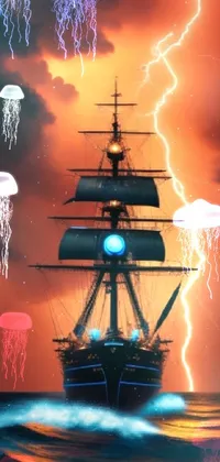 This phone live wallpaper showcases an intense and captivating artwork of a ship sailing across the raging ocean amidst a storm