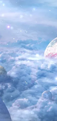 Looking for a stunning live wallpaper for your phone? Look no further than this mesmerizing scene featuring a group of planets surrounded by white clouds and pastel colors