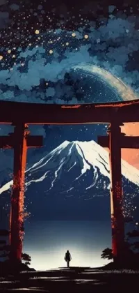 This phone live wallpaper showcases a captivating image of a cosmic portal-inspired gate that opens up to a breathtaking mountain view
