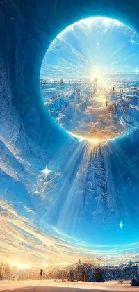 This phone live wallpaper features an exhilarating scene of skiers on a snow-covered slope, surrounded by breath-taking matte painting, space art and hollow earth infographic landscapes