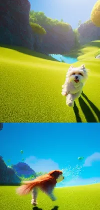 This phone wallpaper depicts a lively dog running across a lush green field, surrounded by enchanting scenery