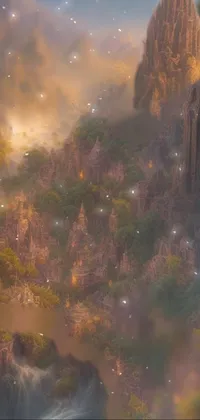 This mesmerizing live wallpaper showcases a beautiful painting of a mountain landscape with a waterfall and lush greenery