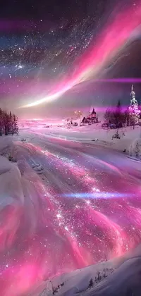 This phone live wallpaper boasts a magical winter scene with a snow-covered field and enchanting pink lights in the sky