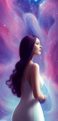 This captivating live wallpaper features a stunning digital art scene portraying a beautiful and surreal young woman standing before a star-filled sky
