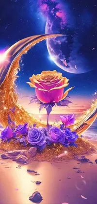 This stunning phone live wallpaper showcases a beautiful purple rose resting on a golden crescent against a peaceful night beach backdrop