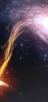This live wallpaper for smartphones features a vibrant illustration of an apple in front of a spiral galaxy