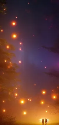This phone live wallpaper features a stunning, ethereal scene set in a misty forest at night