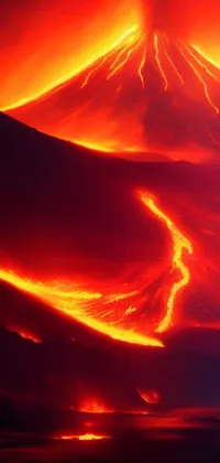 This phone live wallpaper depicts a breathtaking scene featuring a group of riders on horses galloping in front of a towering volcano and cascading magma