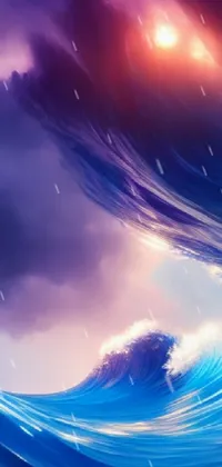 This phone live wallpaper is a magnificent fantasy art scene depicting a massive wave crashing in the ocean under a cloudy and moody sky