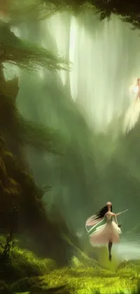This live wallpaper showcases awe-inspiring concept art of a woman standing amidst a vibrant forest while fairies flutter around her