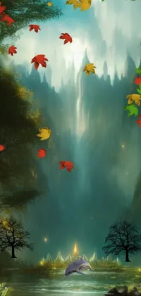 This phone live wallpaper depicts an enchanting river in a mystical landscape with majestic mountains, a dense karst pillar forest, and a cascading waterfall emitting a dreamy mist