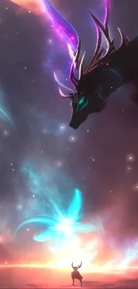 This stunning live wallpaper features a captivating scene of a man and a dragon standing on a vibrant field in a mesmerizing nebula backdrop
