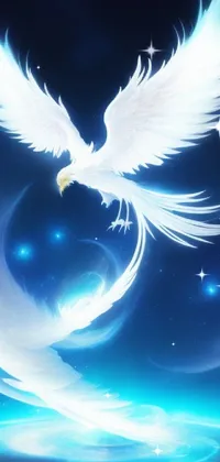 Experience the breathtaking sight of a white bird in flight over a night sky with this high-quality mobile wallpaper