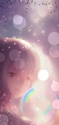 This phone live wallpaper depicts an anime drawing of a person with long hair and starlit shining eyes