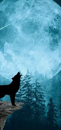 This live phone wallpaper showcases a majestic wolf proudly standing on a cliff while a full moon sets a breathtaking backdrop