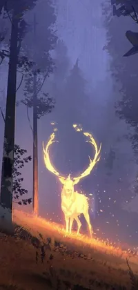 This phone live wallpaper depicts a serene forest with a majestic deer standing in the center, featuring short antlers and a towering frame