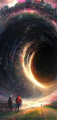 This phone live wallpaper boasts a stunning fantasy scene with two people standing before a giant black hole
