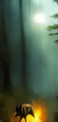 This stunning phone live wallpaper features a wolf running through a forest at night