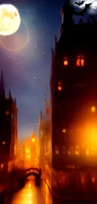 This digital live wallpaper features a beautiful painting of a city at nighttime, illuminated by a full moon