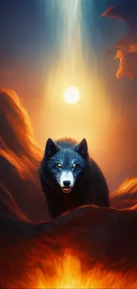 This phone live wallpaper features a stunning painting of a fierce-looking wolf standing in front of a bright sun