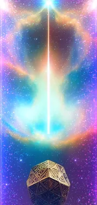 This live phone wallpaper features a central object in a space filled with stars, surrounded by vibrant rainbow ophanim