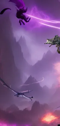 This amazing live wallpaper features a concept art of a group of warriors standing on top of a cliff, with explosions and purple lasers illuminating the background