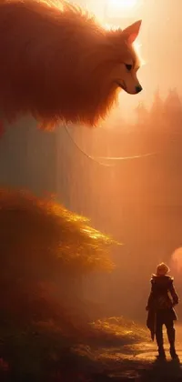 This stunning live wallpaper depicts an enchanting fantasy scene of a white dog and a person