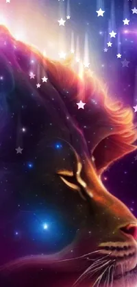 This dynamic phone live wallpaper features a captivating digital artwork of a close-up cat's face with stars in the background