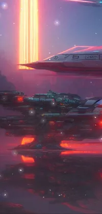 This live wallpaper boasts a group of retro spaceships inside a body of water, applying cyberpunk art with vivid neon lights & stunning graphics by Christopher Balaskas